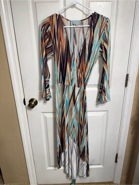 Veronica M Multicolor Chevron Wrap Maxi Dress - Turquoise & Brown